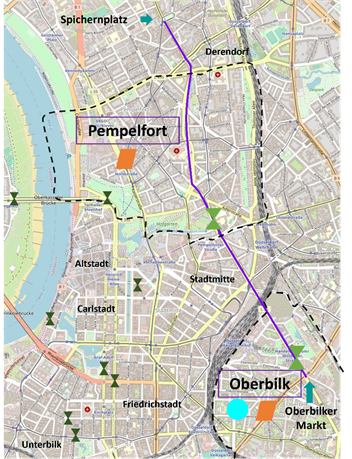 Interventionsbezirke, Interventionsstrecke und Erhebungsstandorte (Pempelfort, Oberbilk). Kartenmaterial