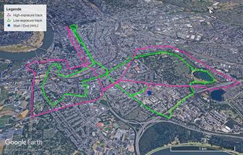 Vordefinierte städtische Radwege für die Expositionsbewertung in der Cross-over-Studie (stark befahrene Strecke rot, wenig befahrene Strecke grün markiert).